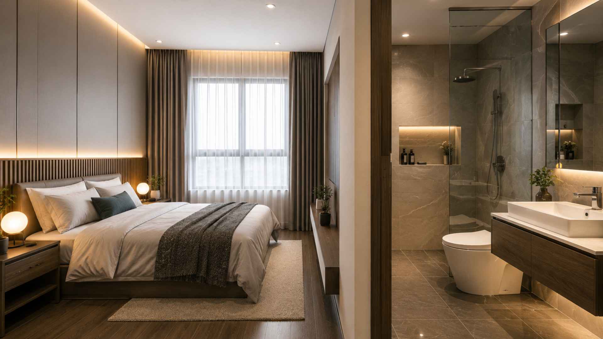 Phòng ngủ có phòng tắm riêng mang đến sự tiện nghi nhưng cũng có những ưu, nhược điểm cần cân nhắc. (Ảnh có sự hỗ trợ của AI)