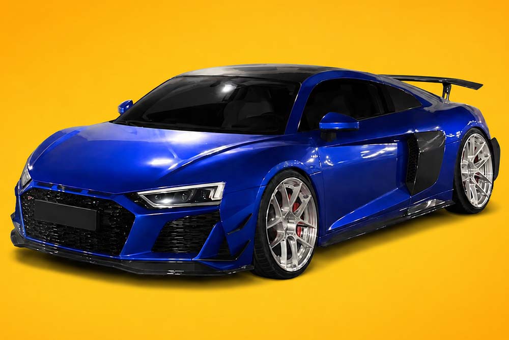 The Audi R8 V10 Plus in Hanoi stands out with many carbon fiber exterior details and upgraded sports rims. Graphics: Thanh Vu/AI used