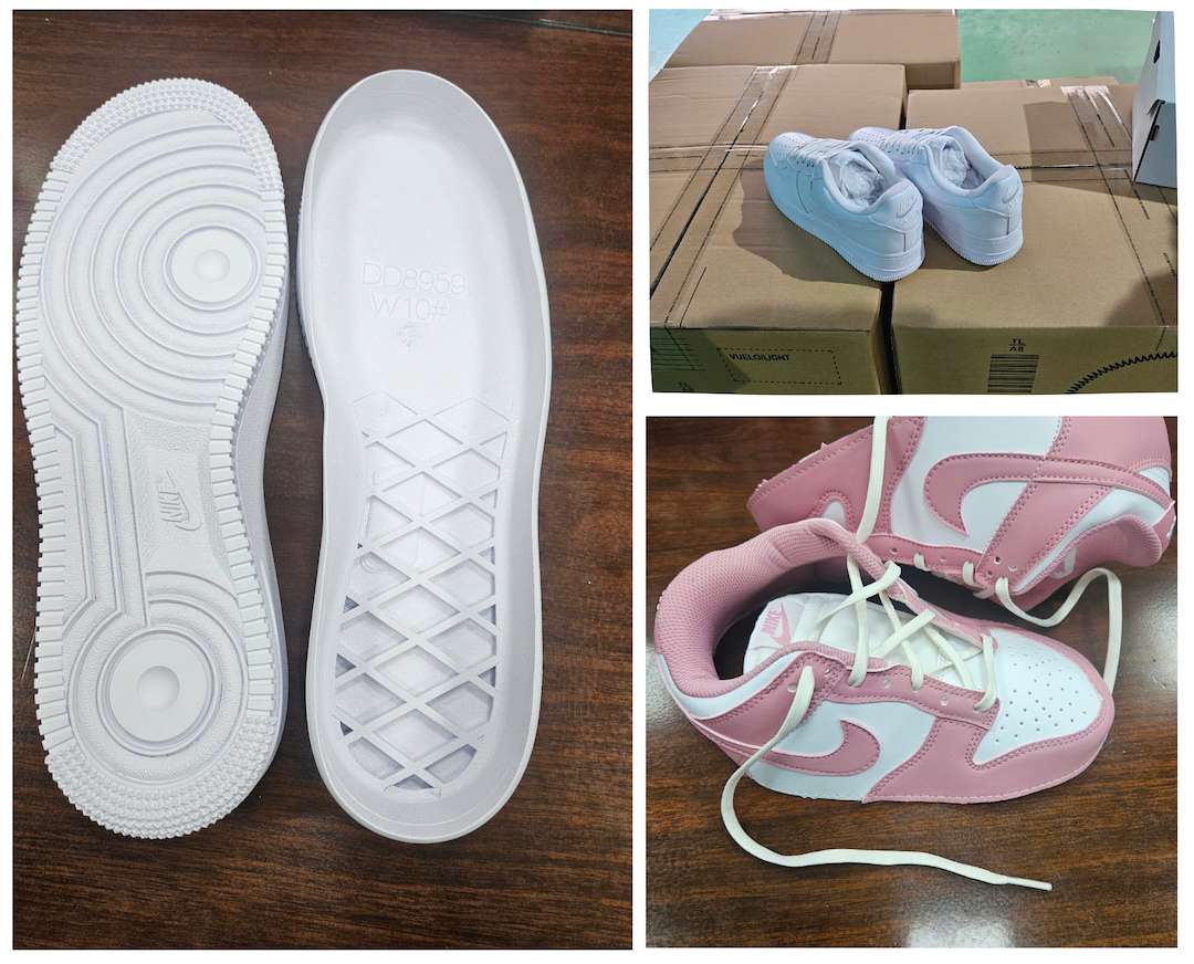 Số lượng lớn giày thành phẩm và bán thành phẩm mang các dấu hiệu “NIKE“, “NIKE AIR” và “AIR JORDAN. Ảnh: