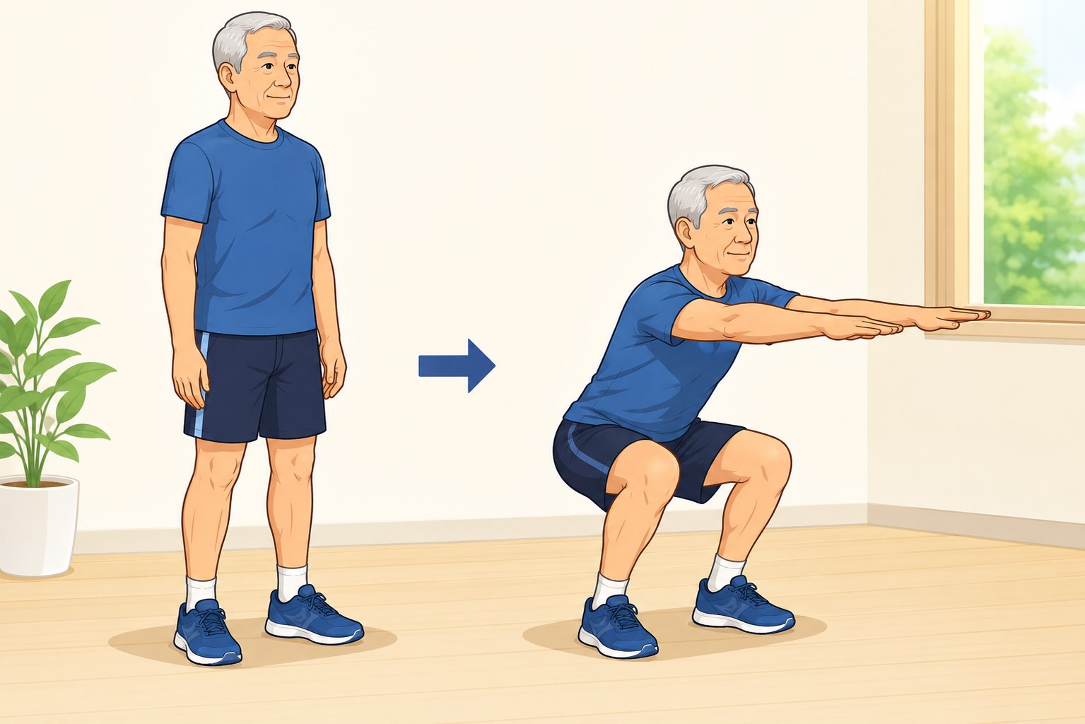 Squats are exercises that help strengthen legs and improve mobility. Photo created from AI