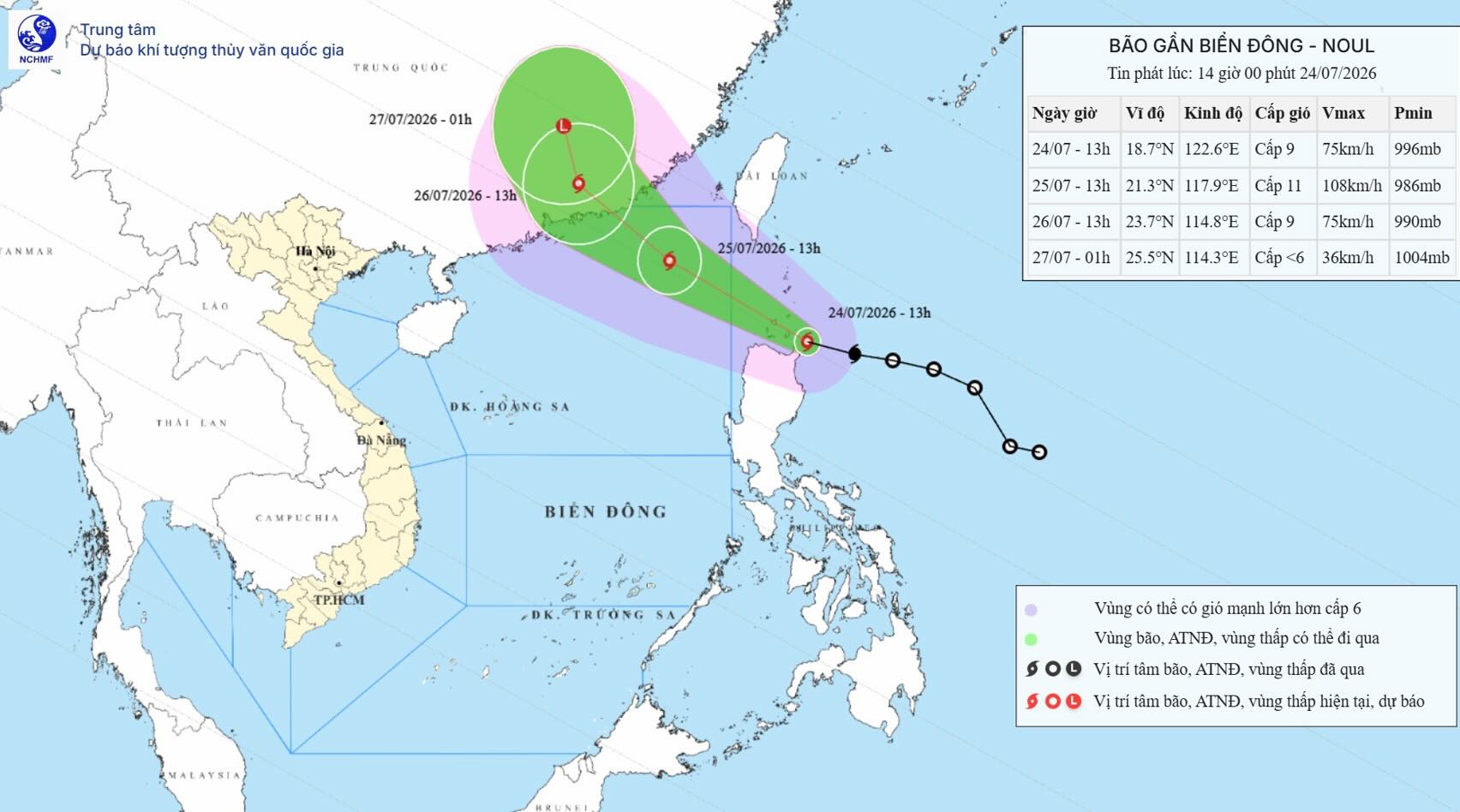 Location and path of Typhoon Noul at 2:00 PM on July 24. Photo: National Center for Hydro-Meteorological Forecasting