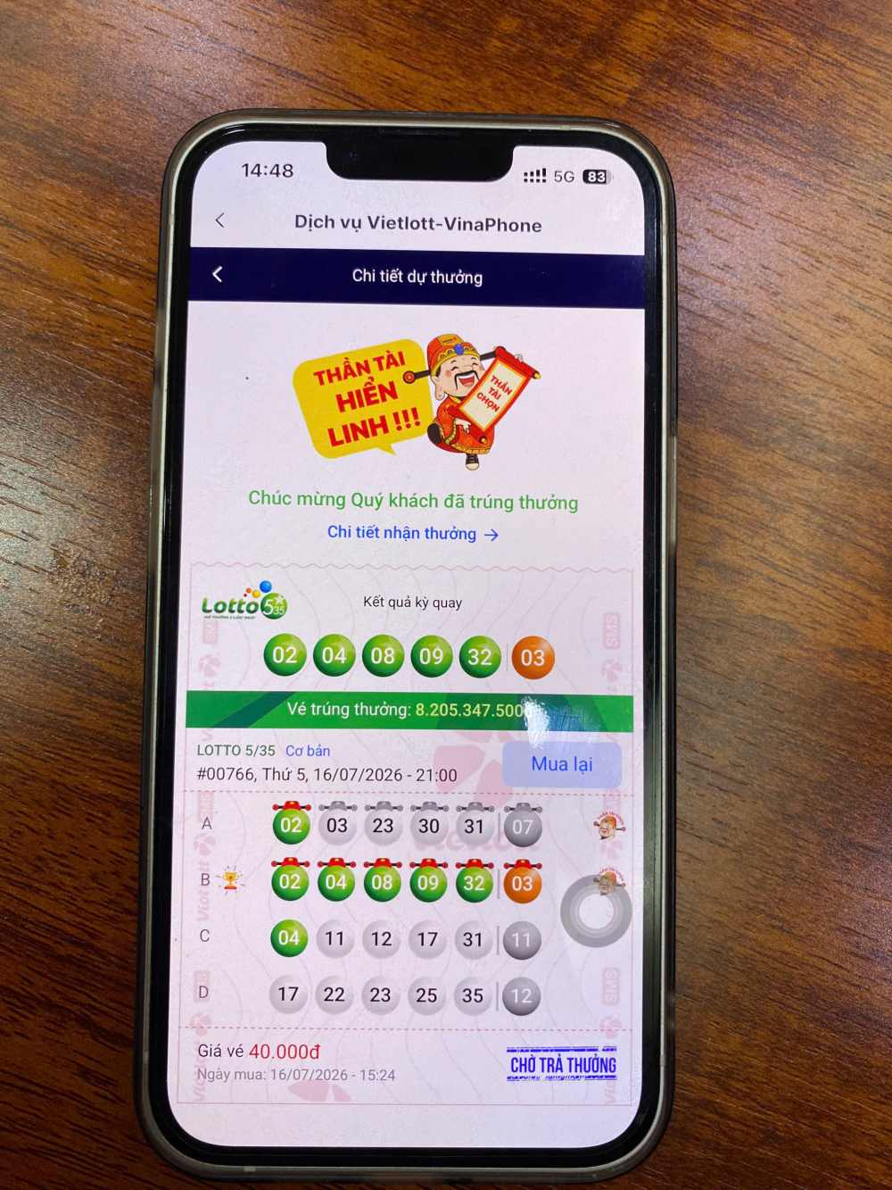 Tấm vé may mắn trúng giải Độc đắc xổ số quay nhanh Lotto 5/35 của ông N.T.K. Ảnh: Vietlott