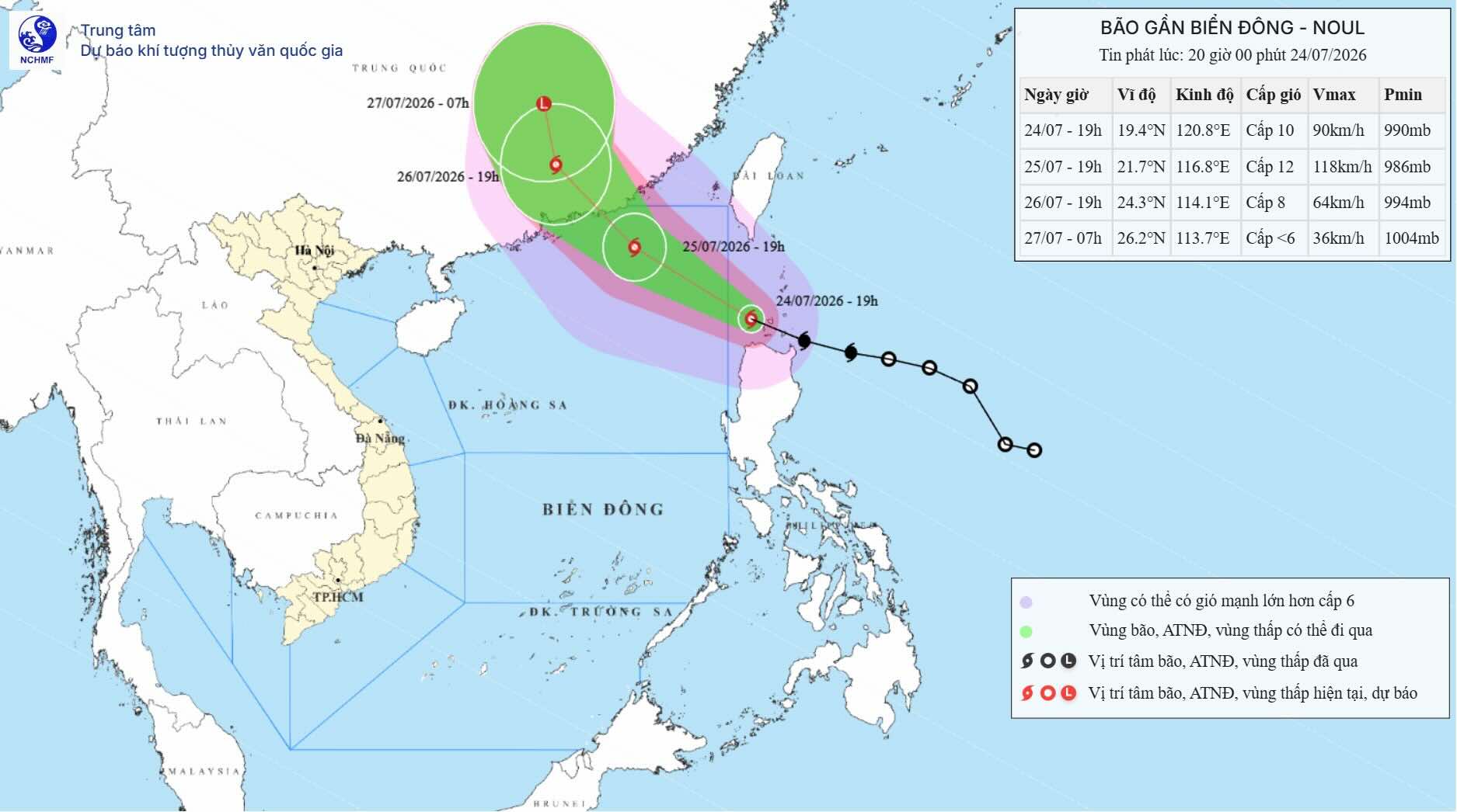 Position et trajectoire de la tempête Noul à 20h le 24 juillet. Photo: Centre national de prévisions hydrométéorologiques