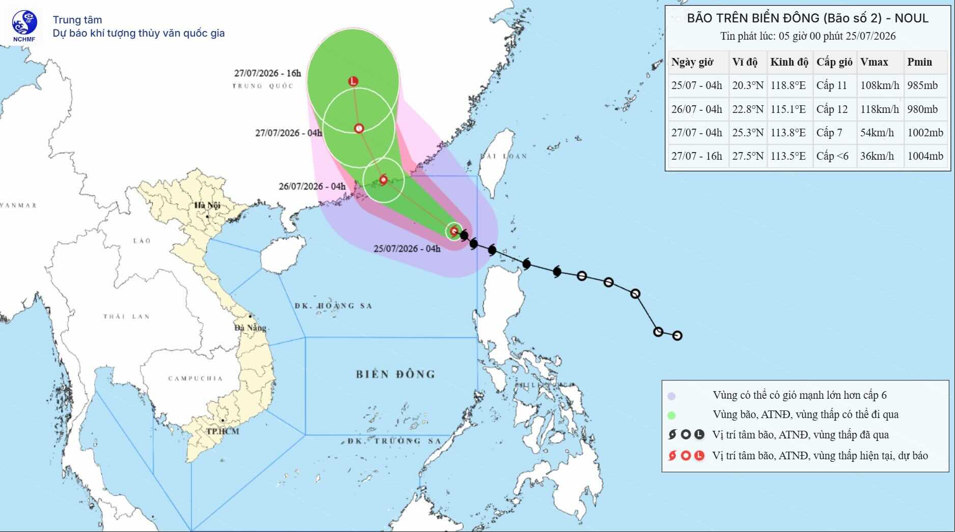 Location and path of storm No. 2 Noul at 5:00 AM on July 25. Photo: National Center for Hydro-Meteorological Forecasting