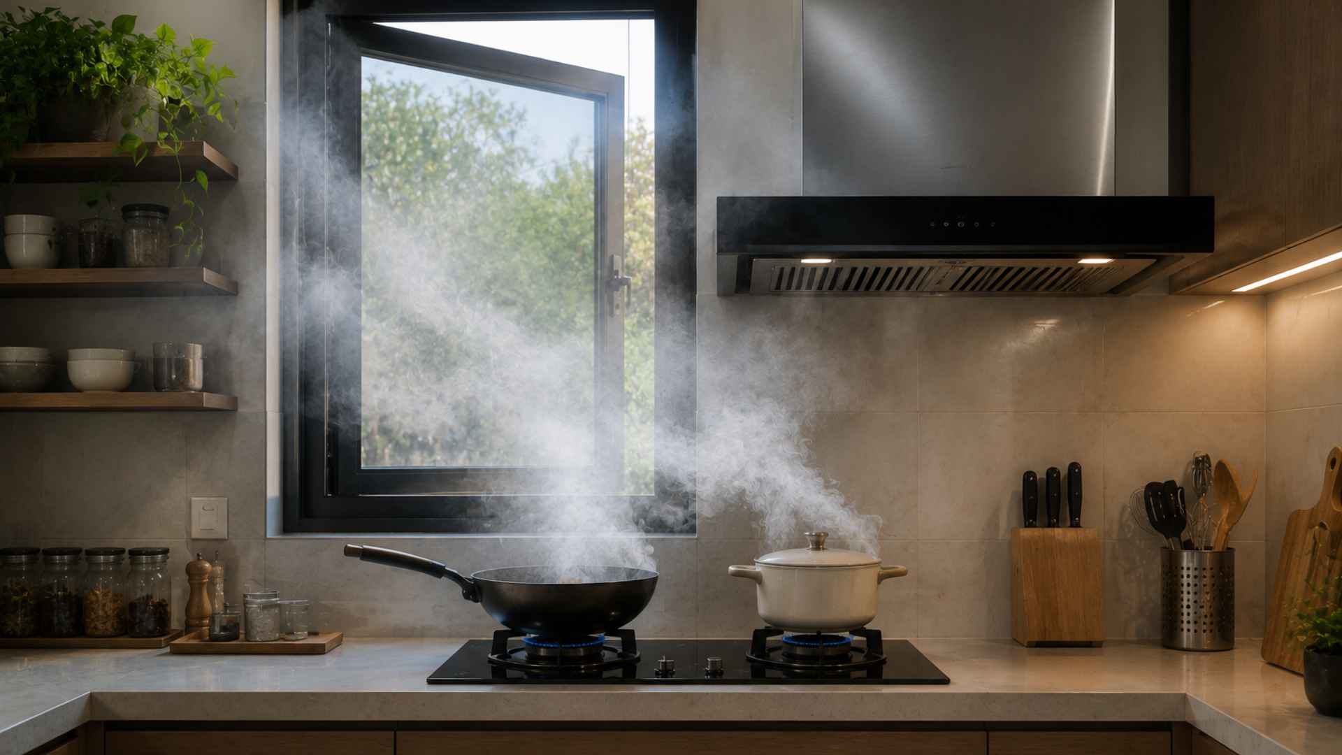 Cửa sổ đặt giữa bếp và máy hút mùi có thể làm giảm hiệu quả hút khói.