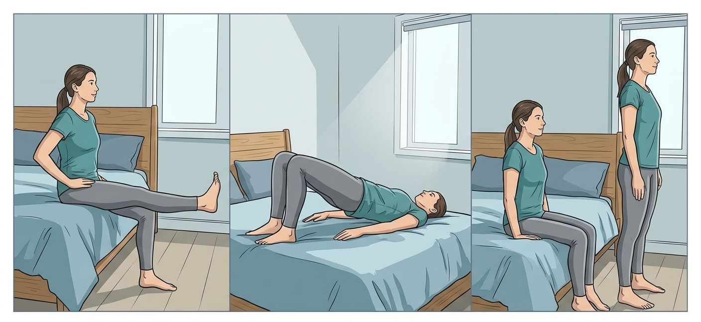 Performing some gentle exercises in bed helps strengthen leg health. Photo created by AI