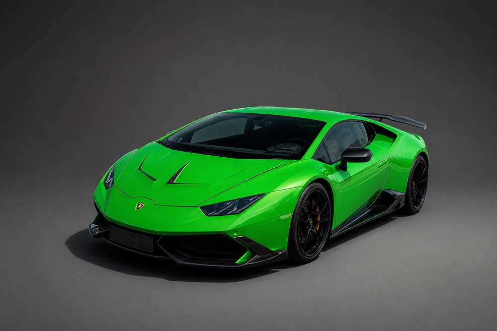 The Lamborghini Huracan LP610-4 attracts attention with its green appearance after the car owner changed the exterior. Graphics: Thanh Vu / Created by AI