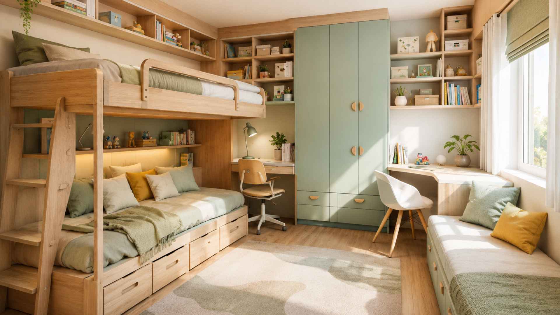 Giường tầng kết hợp ngăn kéo giúp tối ưu diện tích phòng trẻ. (Ảnh có sự hỗ trợ của AI)