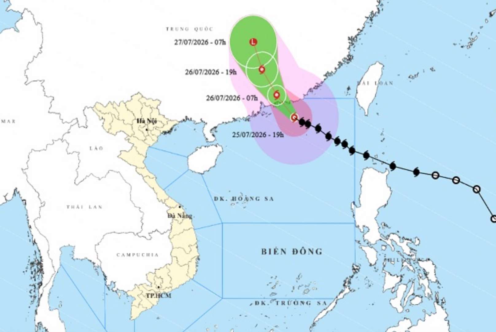 Prévisions météorologiques pour aujourd'hui 26 juillet, la tempête n° 2 quittera la mer de l'Est et les terres de la province du Guangdong, en Chine. Photo: Centre national de prévisions hydrométéorologiques