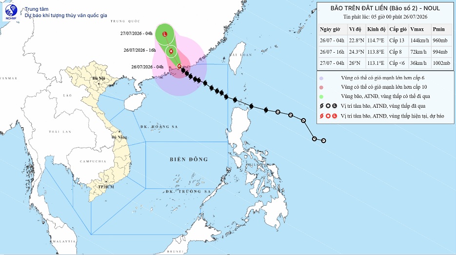 Location and path of storm No. 2 Noul at 5:00 AM on July 26. Photo: National Center for Hydro-Meteorological Forecasting