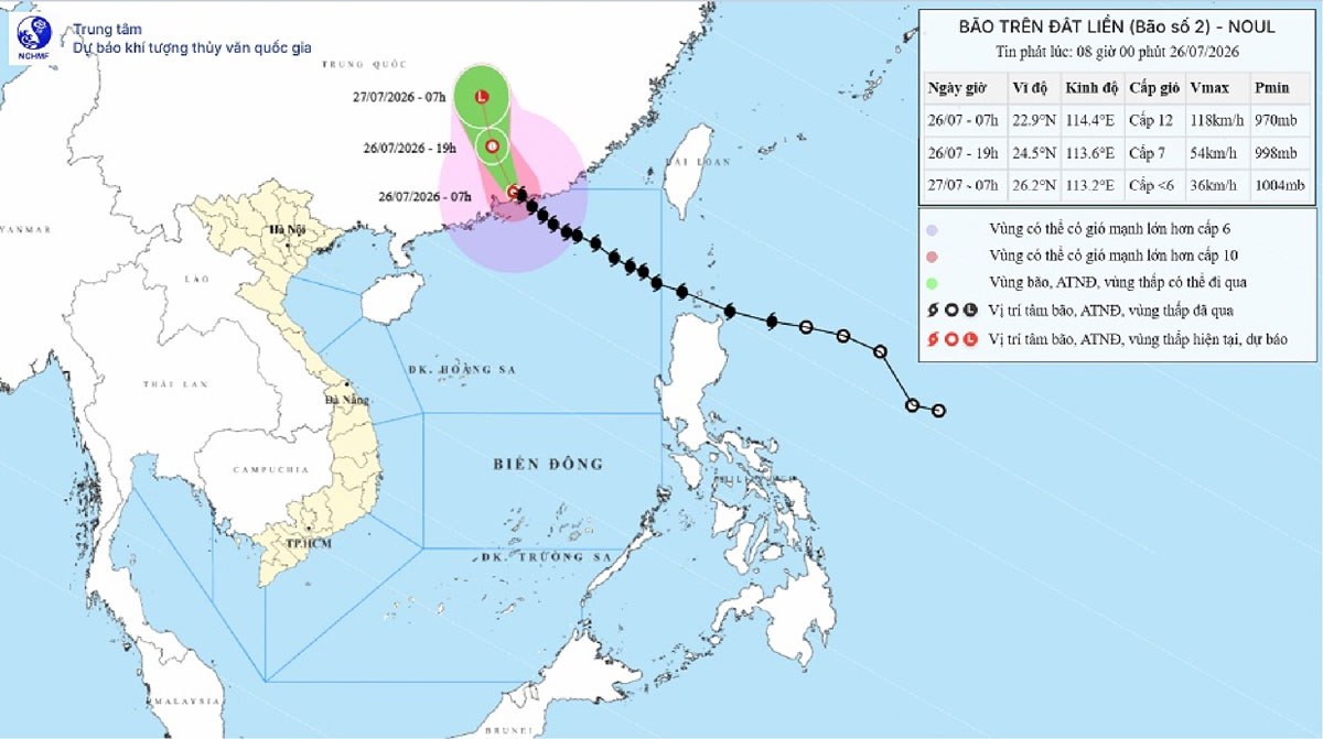 Vị trí và đường đi của bão số 2 Noul hồi 7h ngày 26.7. Ảnh: Trung tâm Dự báo Khí tượng Thủy văn Quốc gia