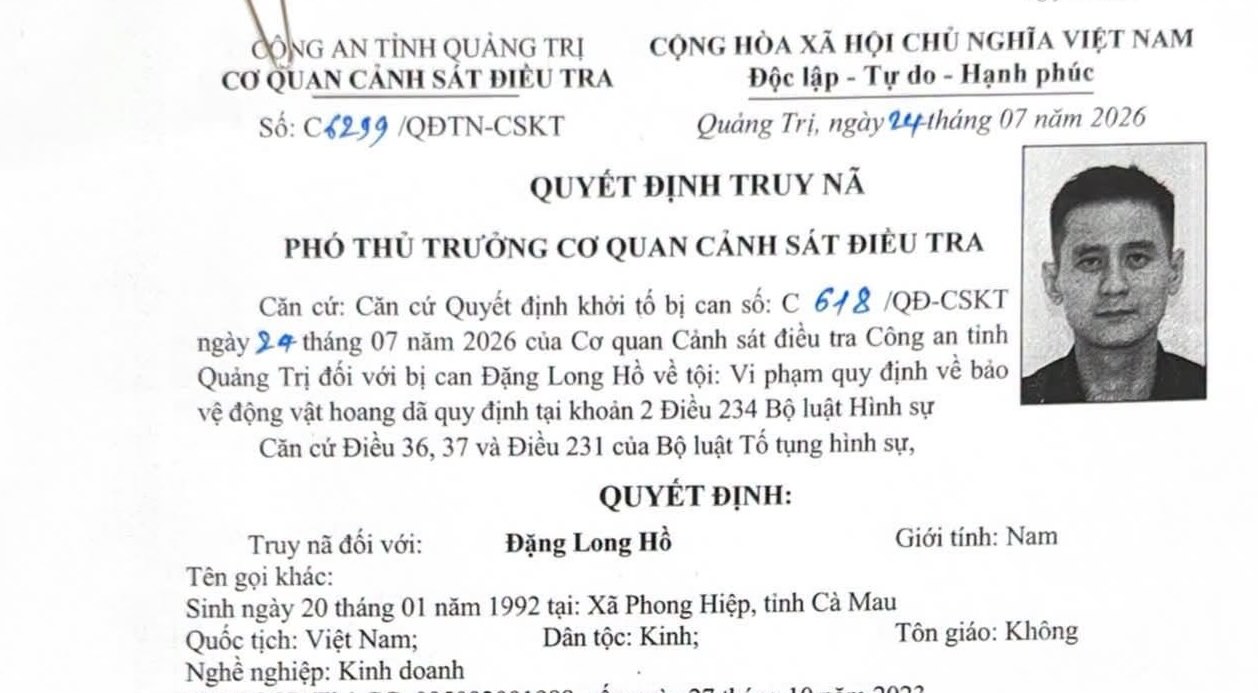 Arrest warrant for suspect Dang Long Ho. Photo: Quang Tri Provincial Police