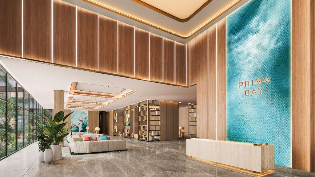 Sảnh đón tiếp và lounge mang phong cách khách sạn tại Prima Bay, mở ra trải nghiệm tinh tế, tiện nghi và chỉn chu ngay từ những điểm chạm đầu tiên. Ảnh: BIM Land