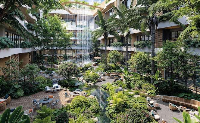Cách đưa thiên nhiên len sâu vào không gian trải nghiệm tại Prima Bay gợi nhắc tinh thần biophilic design đã ghi dấu tại nhiều công trình biểu tượng trên thế giới. Ảnh: BIM Land