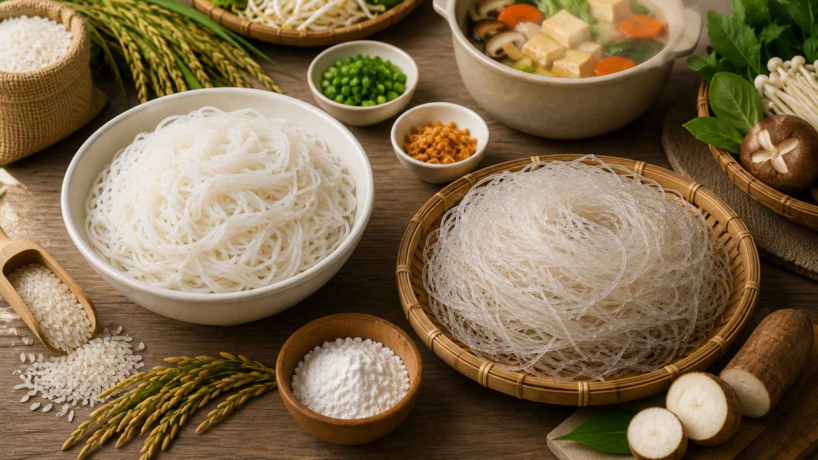 Bún gạo hay miến, mỗi loại một đặc tính dinh dưỡng. (Ảnh có sự hỗ trợ của AI)