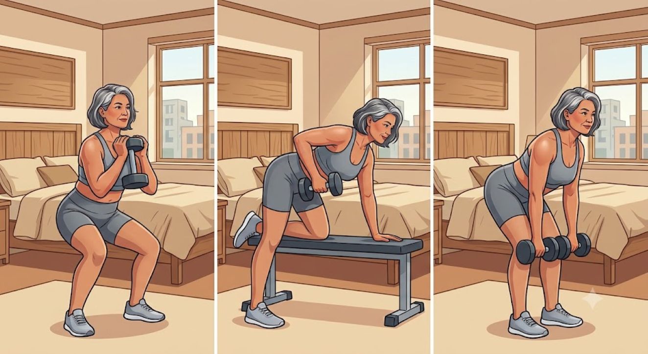 Performing some simple exercises with dumbbells helps people aged 55 strengthen muscle health. Photo created by AI
