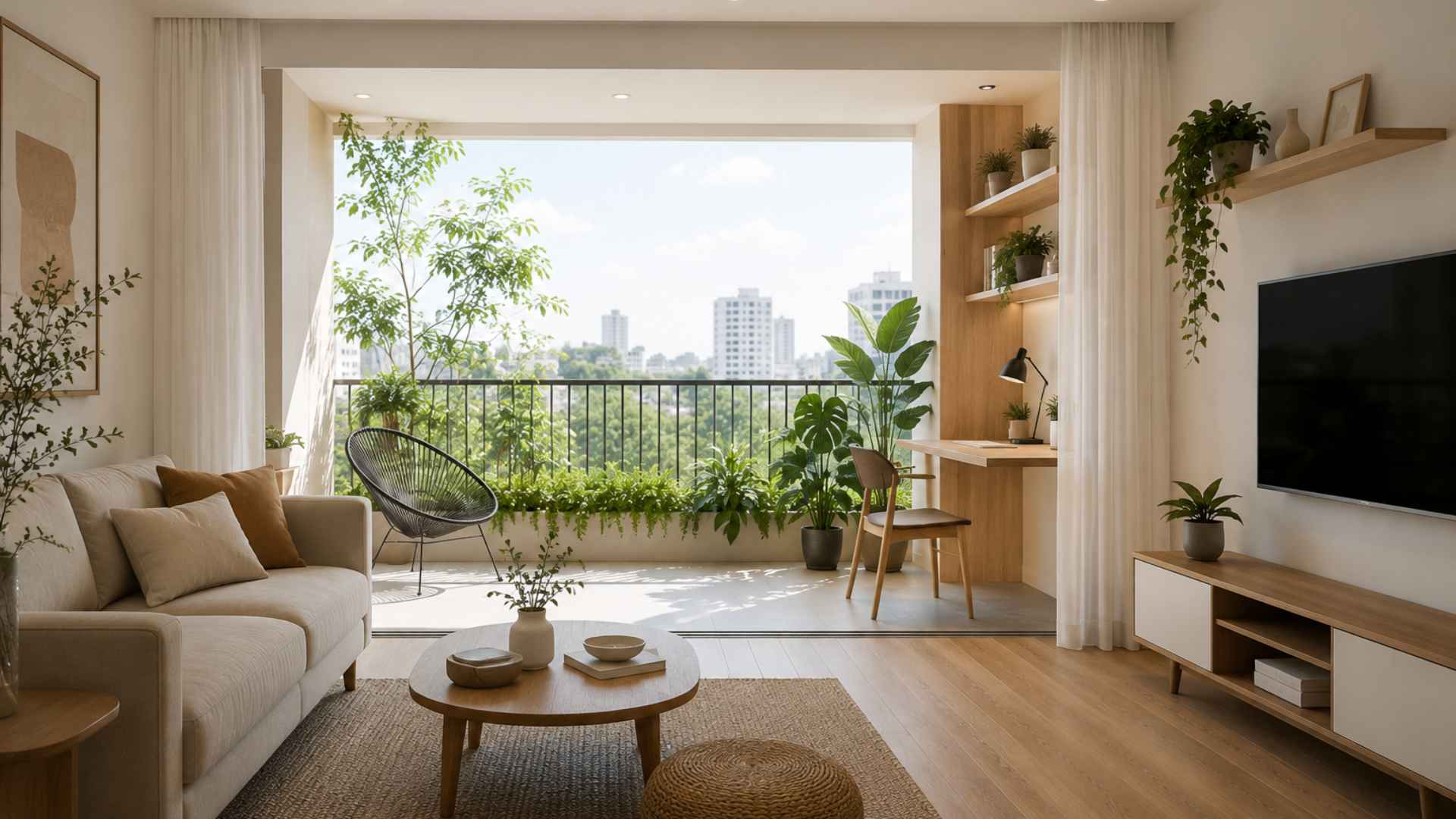 The small apartment connects the living room with the balcony, creating a spacious and airy space. Photo supported by AI