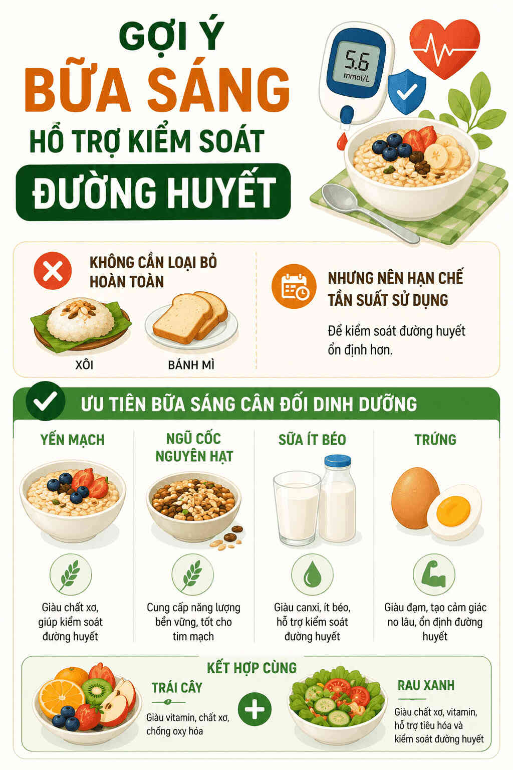 Infographic: Lưu ý chọn món ăn sáng hỗ trợ kiểm soát đường huyết. Đồ họa: AI