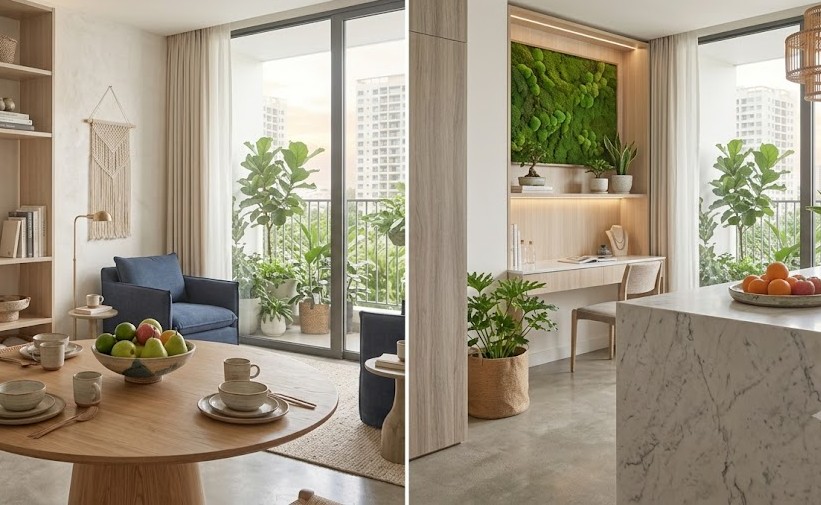Fresh flowers, fruits and accessories from natural materials make the living space more cozy and intimate. Photo created by AI
