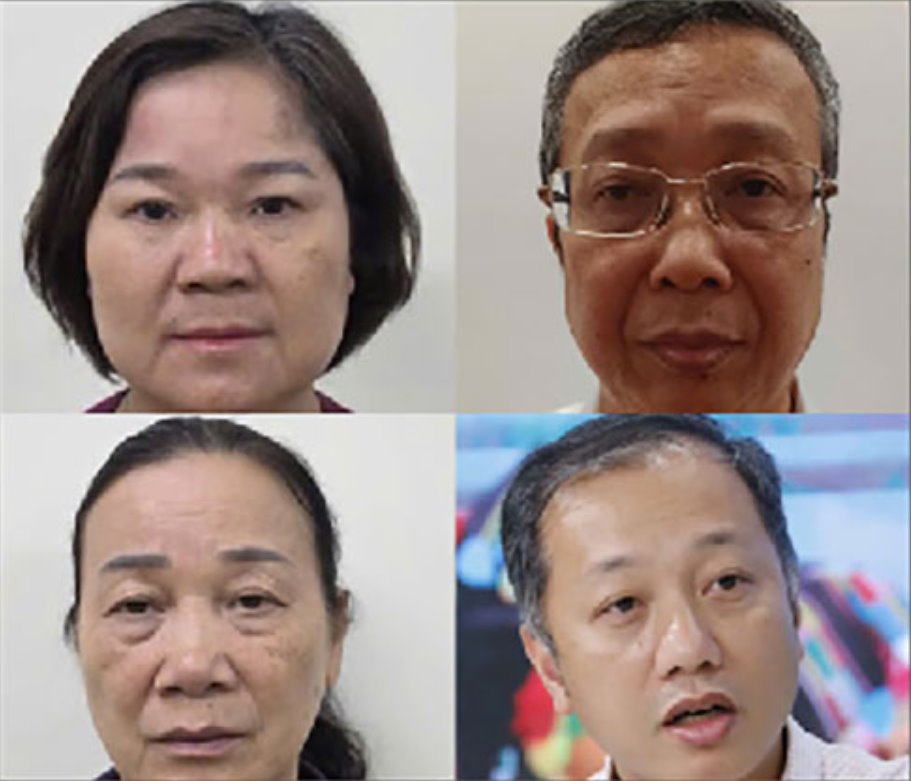 Các bị can bị khởi tố gồm: Nguyễn Thị Hà; Hoàng Trung; Bế Thị Thu Hiền; Nguyễn Quang Hiếu (từ trái qua, từ trên xuống). Ảnh: Bộ Công an