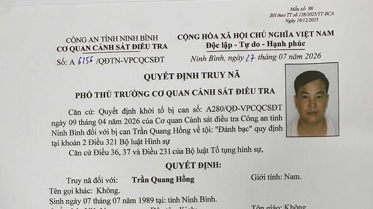 The Investigation Police Agency of Ninh Binh Provincial Police is pursuing suspect Tran Quang Hong. Photo: Ninh Binh Provincial Police