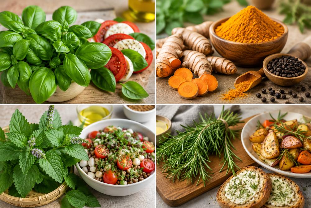 Herbs such as basil, turmeric, jelly and rosemary are sources of antioxidants. Image created from AI