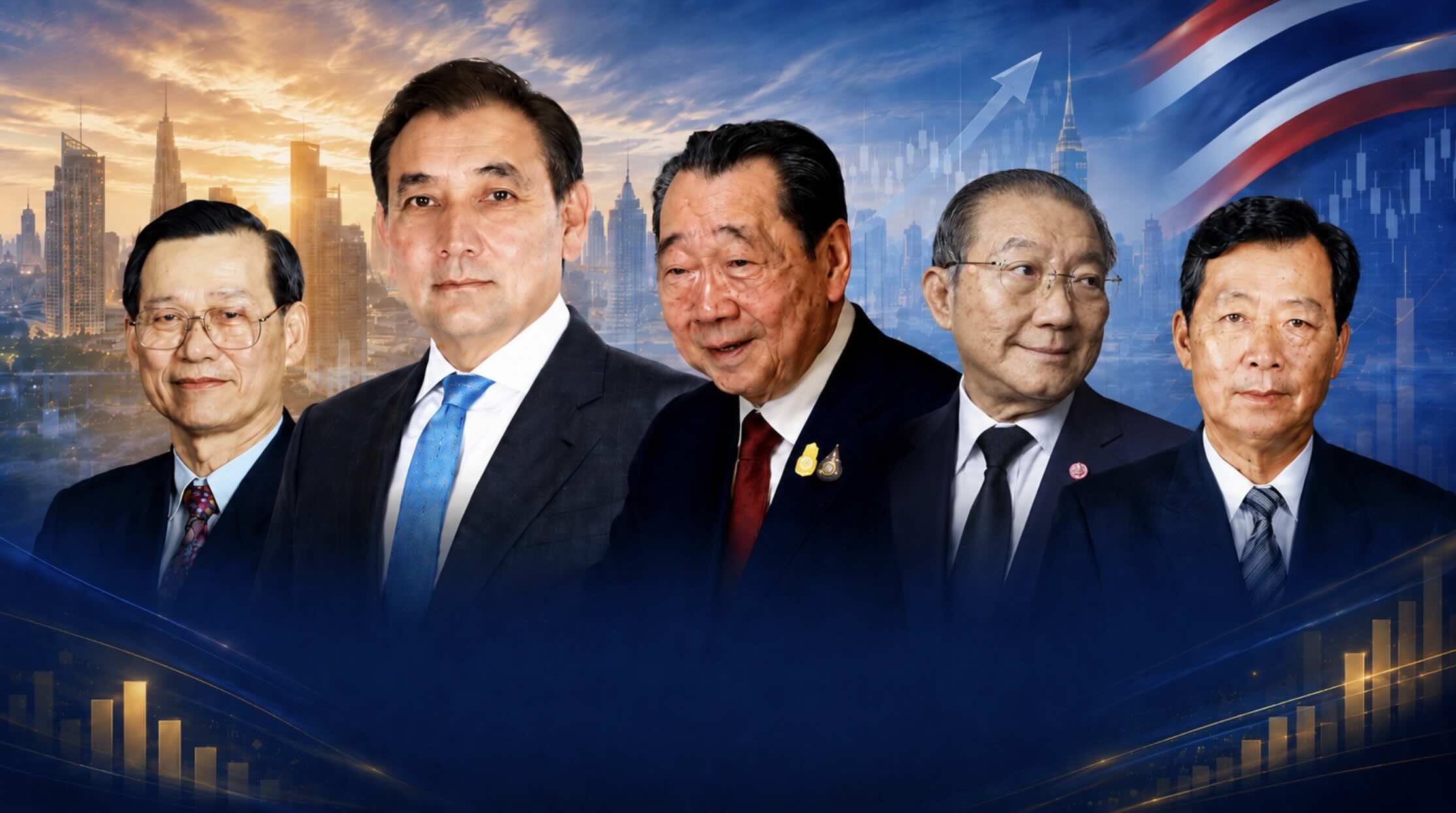 From left to right are billionaires Sumet Jiaravanon, Sarath Ratanavadi, Dhanin Chearavanont, Charoen Sirivadhanabhakdi and Jaran Chiaravanont. Graphics: AI.