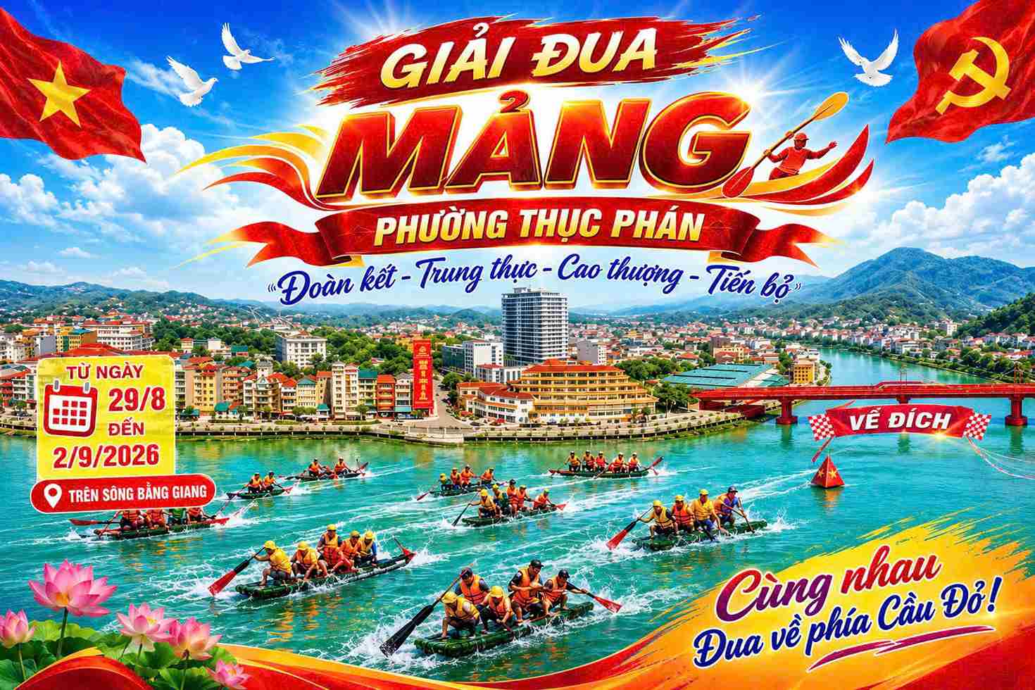 Hoạt động đua bè mảng trên sông Bằng Giang. Ảnh: UBND phường Thục Phán