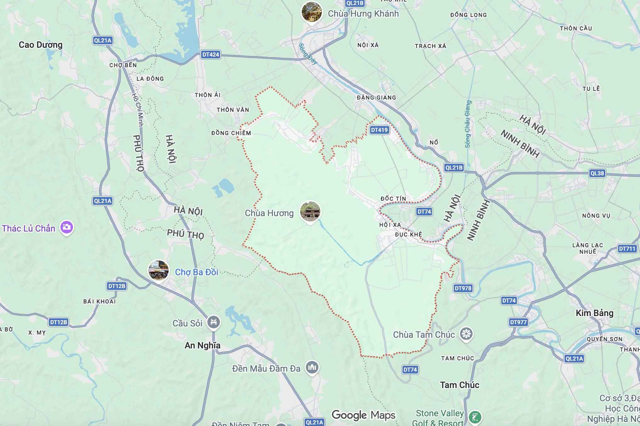 My Dinh - Ba Sao - Bai Dinh road project (the section connecting from the southern main road to Huong Son - Tam Chuc road) has its ending point in Huong Son commune (Hanoi). Photo: Google Maps