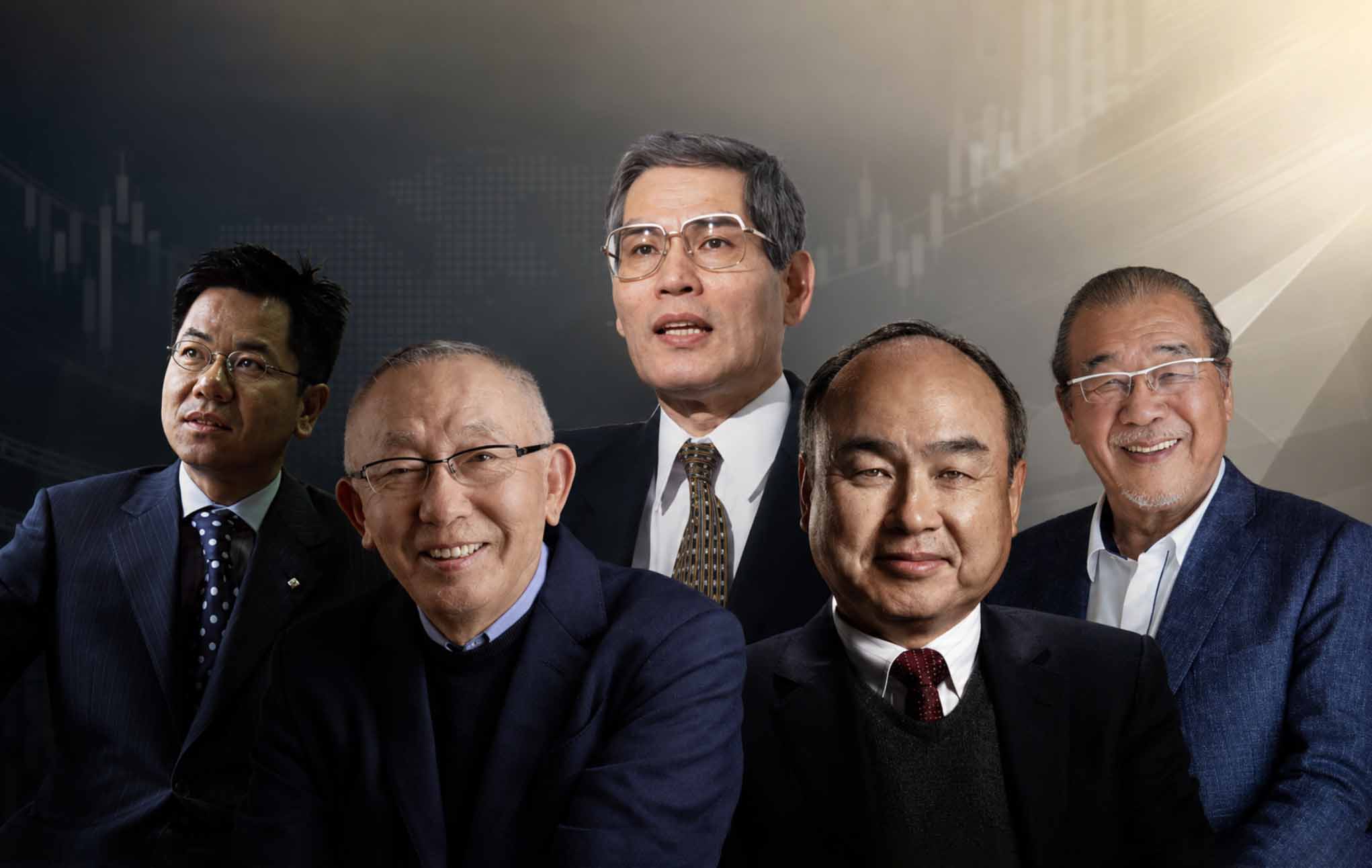 From left to right are billionaires Yasumitsu Shigeta, Tadashi Yanai, Takemitsu Takizaki, Masayoshi Son and Takao Yasuda. Graphics: AI