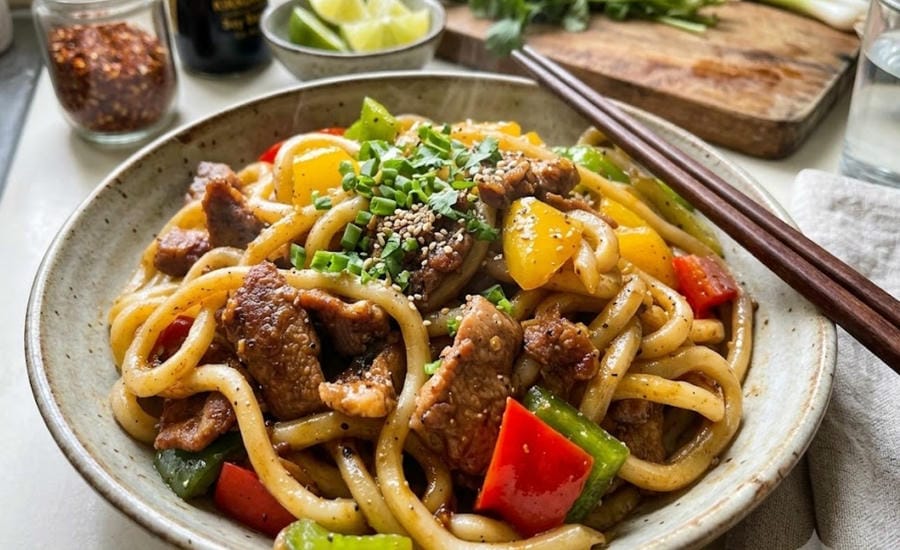 The combination of soft sweet pork, chewy Udon noodles and colorful vegetables creates an attractive dish in both flavor and appearance. Graphics: AI