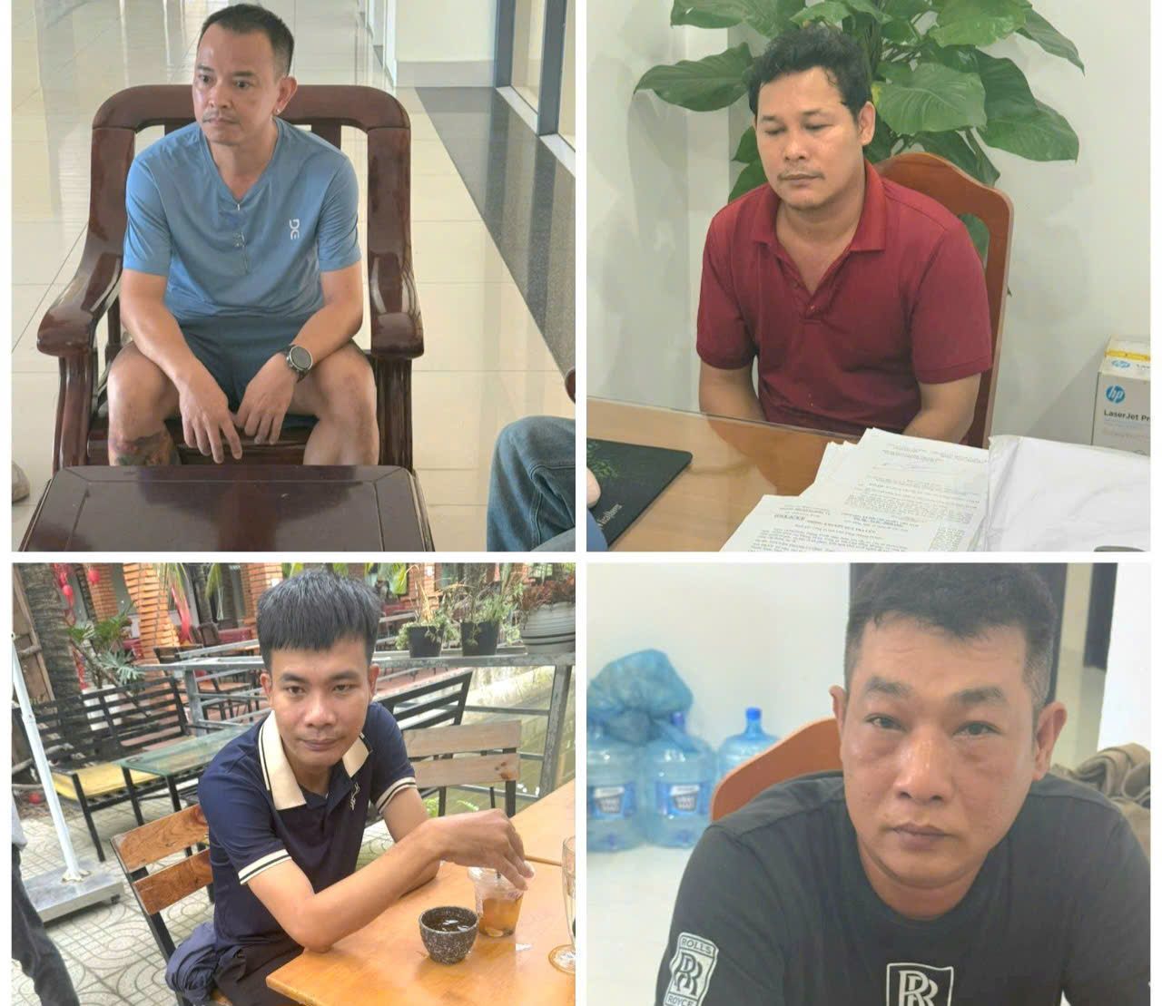 Các đối tượng Nghĩa, Quang, Trung và Thắng bị bắt giữ sau khi công an triệt xóa đường dây cá độ bóng đá. Ảnh: Công an 