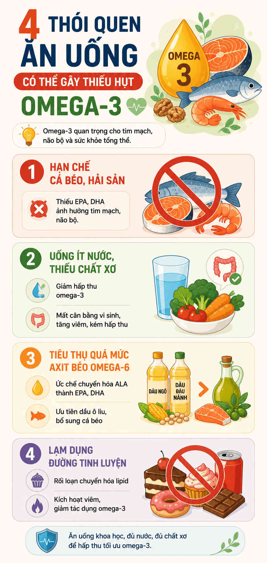 4 kiểu ăn uống sai lầm có thể khiến cơ thể thiếu hụt lượng axit béo omega-3 thiết yếu. Ảnh: Tạo từ AI