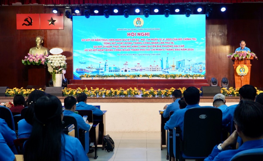 Quang cảnh hội nghị sơ kết 5 năm thực hiện Nghị quyết số 02-NQ/TW của Bộ Chính trị về “Đổi mới tổ chức và hoạt động của Công đoàn Việt Nam trong tình hình mới”. Ảnh: Mai Anh.