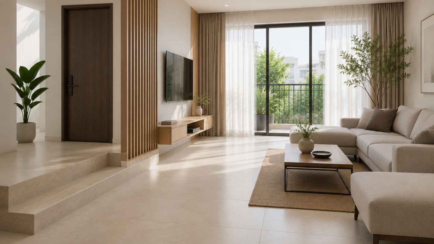 Phòng khách nên ưu tiên mặt sàn bằng phẳng, hạn chế thiết kế nhiều bậc cấp để đảm bảo an toàn khi di chuyển.