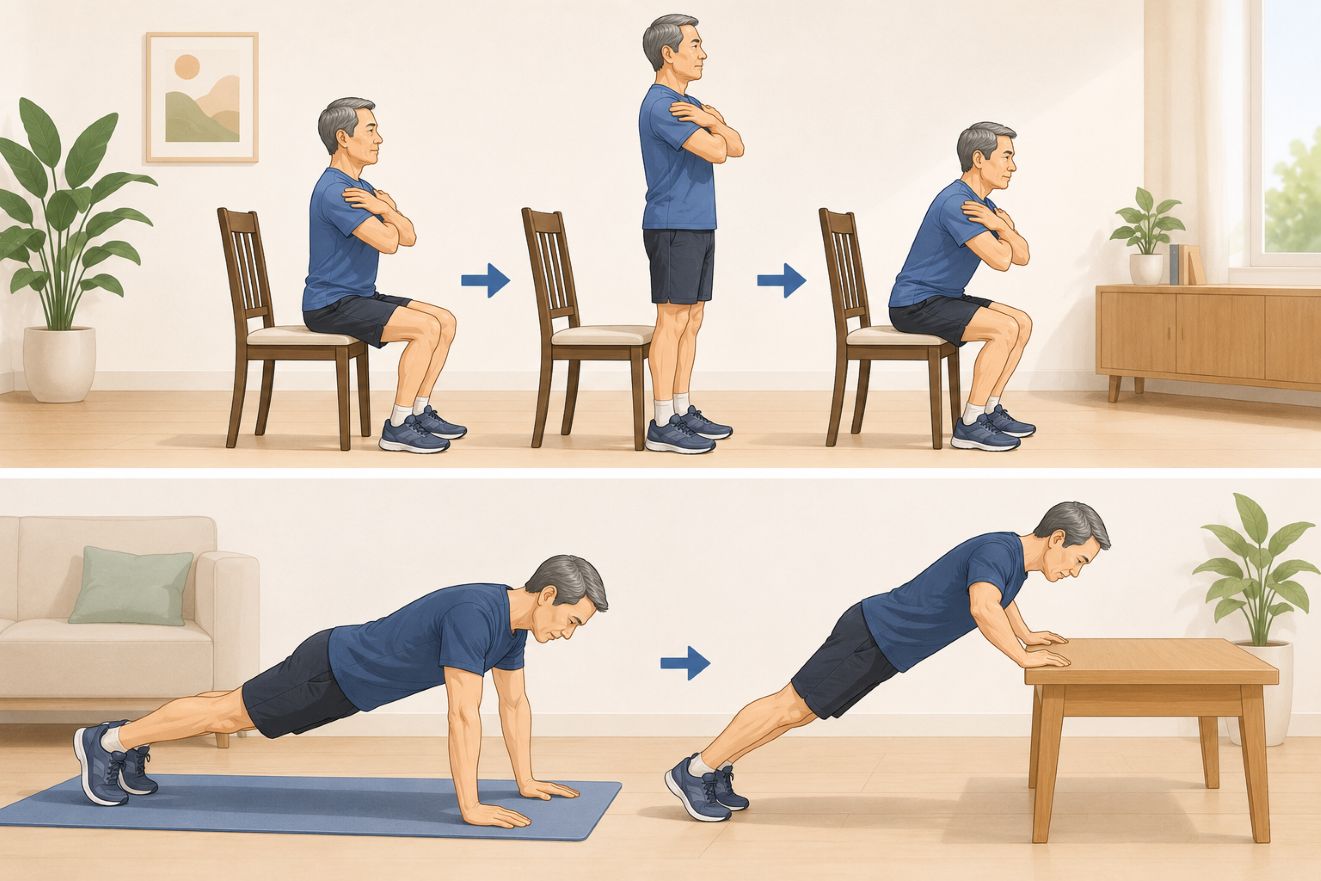 S'asseoir, se lever et faire des pompes sont 2 exercices simples qui aident les hommes de plus de 50 ans à vérifier leur condition physique. Photo créée par l'IA