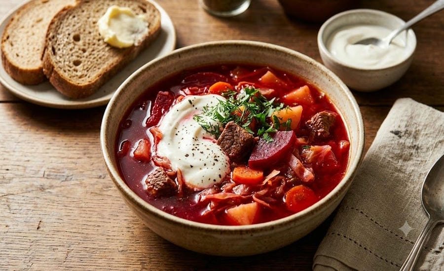 Russian-style soup has a light fatty taste from butter and milk, combined with the sweetness of beef and vegetables, suitable for all family members. Photo: AI