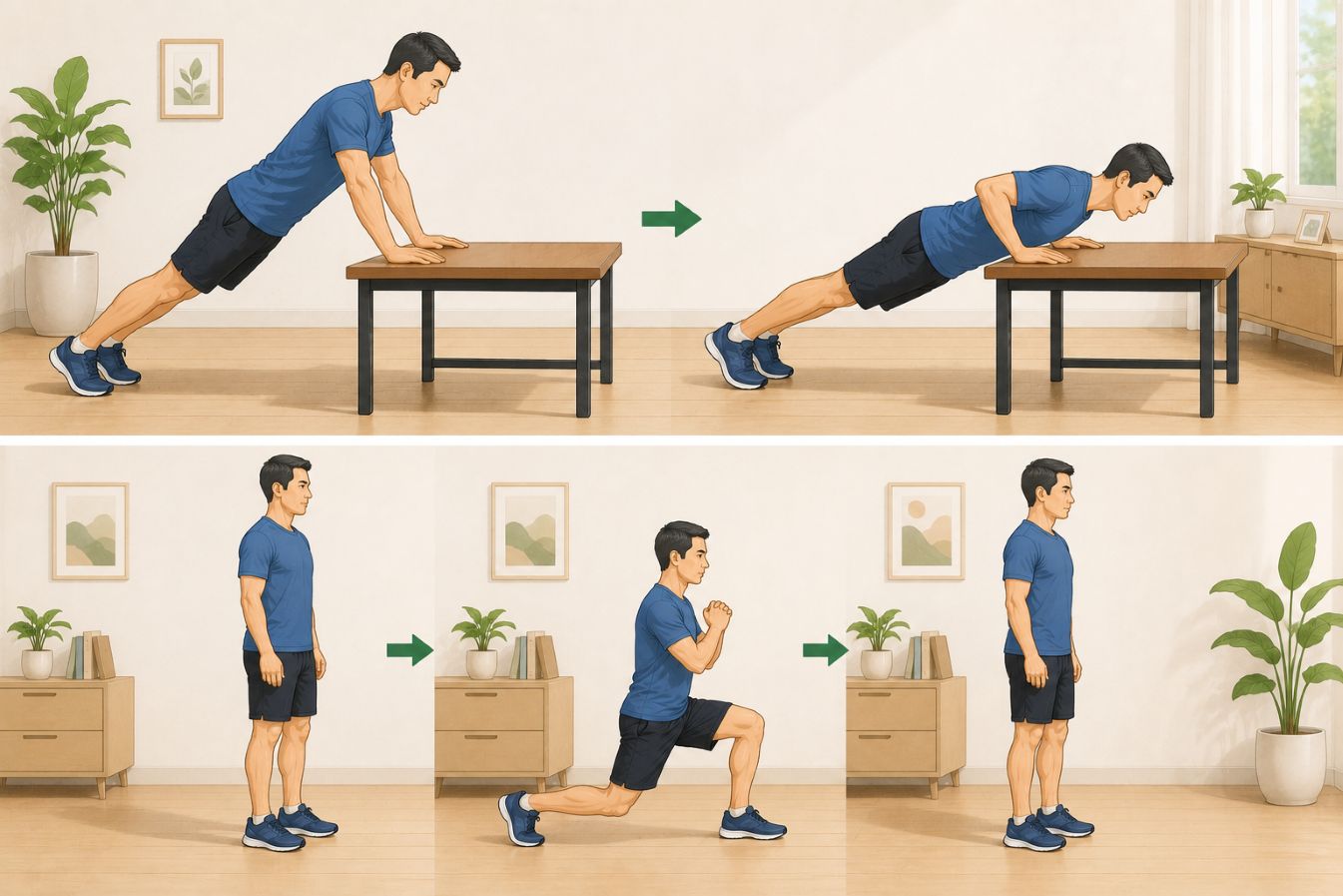 Los flexiones laterales e inclinadas son 2 ejercicios sencillos y adecuados para entrenar la fuerza de todo el cuerpo en casa. Foto creada por IA