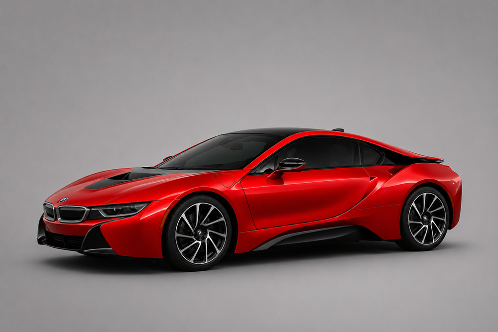 The red BMW i8 stands out on the streets with a futuristic design despite being launched more than a decade ago. Graphics: Thanh Vu / AI used