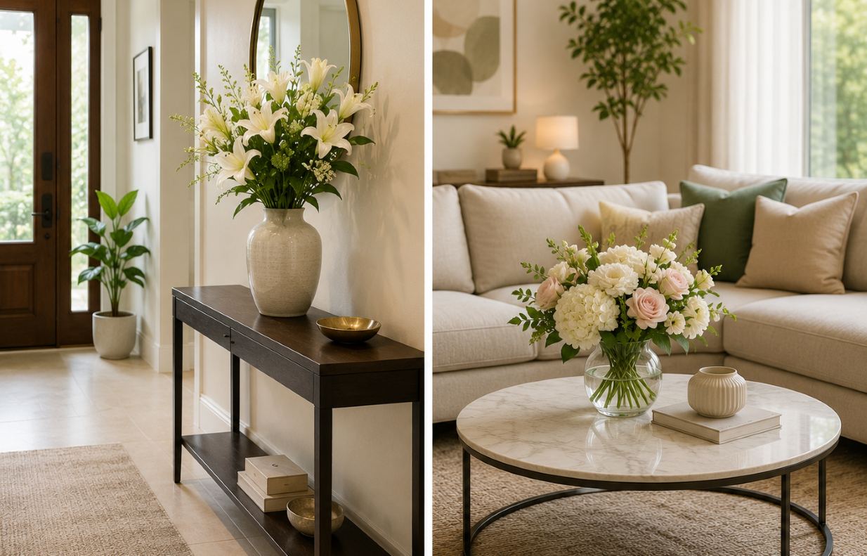 Fresh flower vases placed in the lobby or on coffee tables help create delicate accents, bringing a cozy feeling and increasing vitality to the living space. Photo created by AI