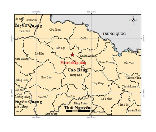 Carte de l'épicentre du tremblement de terre à Cao Bằng. Photo: Centre d'information sur les tremblements de terre et d'alerte au tsunami - Institut des sciences de la Terre (Académie vietnamienne des sciences et technologies)