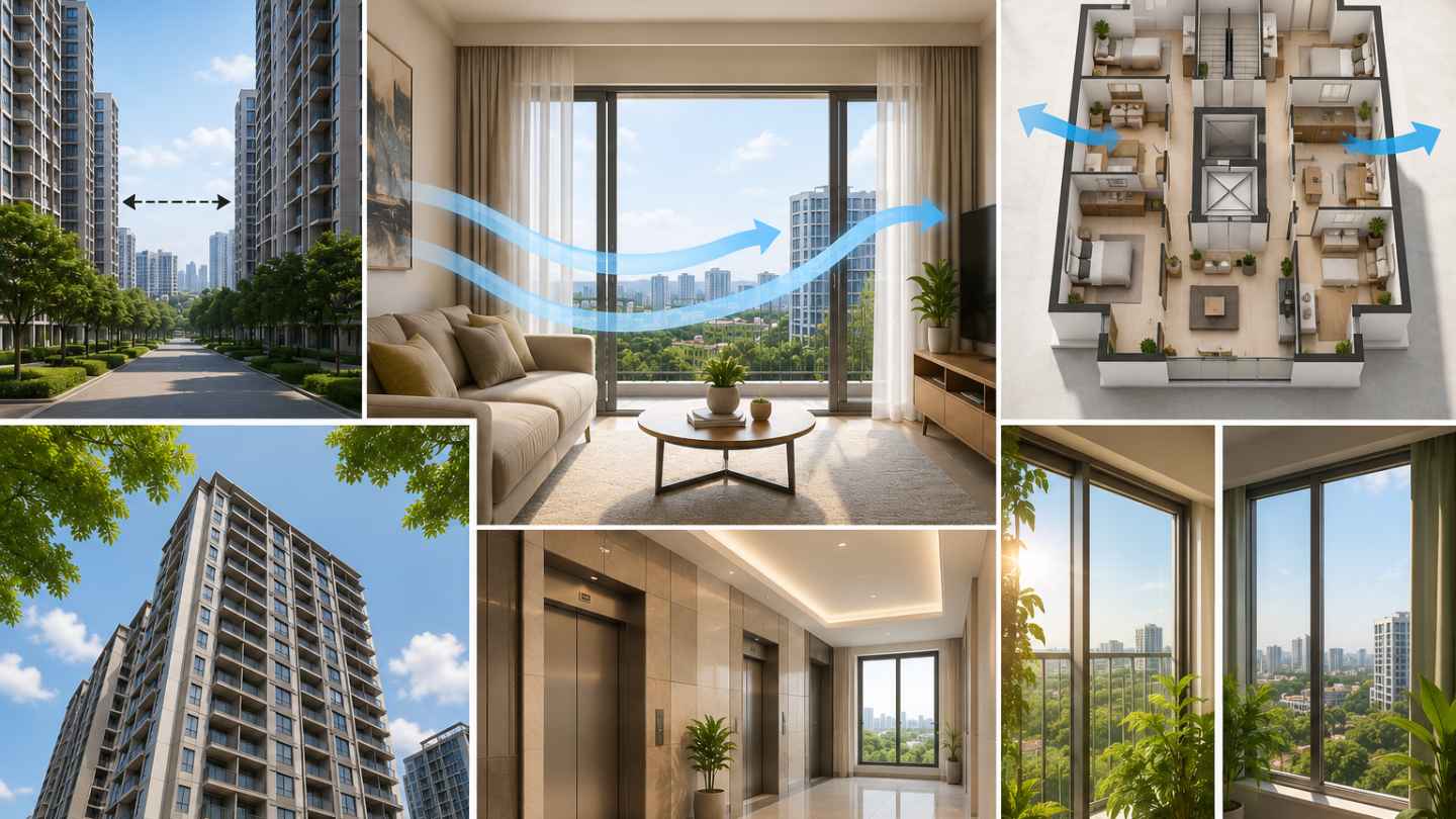 The distance between buildings and the direction of the apartment greatly affects ventilation. Photo supported by AI