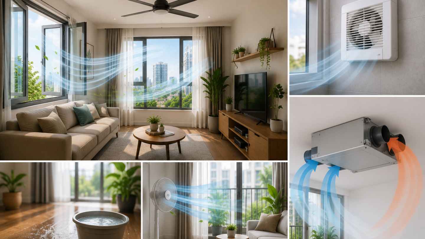 Opening windows combined with fans and ventilation systems helps improve air circulation in the apartment. Photo supported by AI