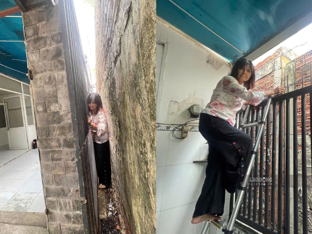 The narrow gap is just wide enough for one person to swer through and the temporary staircase is the walkway for households in the residential cluster that has been "isolated" for nearly 2 decades. Photo: Ha Nam
