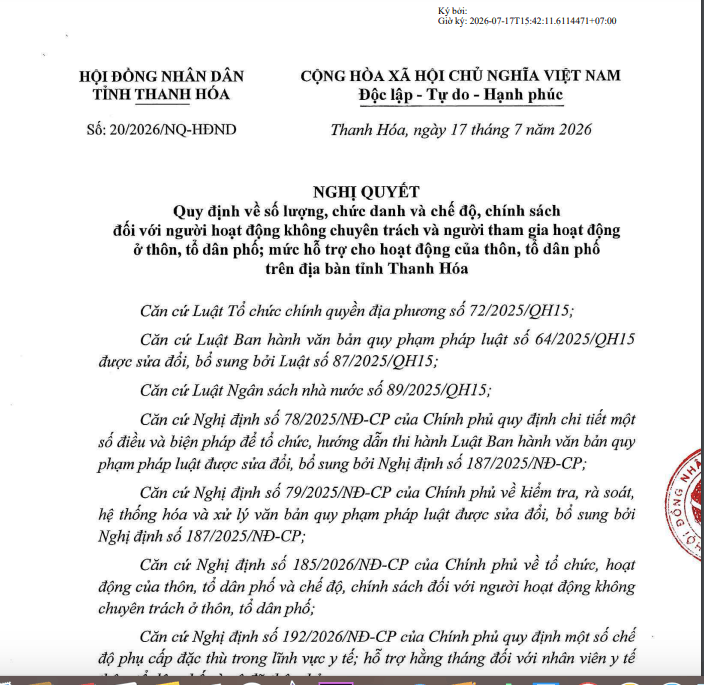  Phụ cấp Trưởng thôn, Bí thư chi bộ, Trưởng Ban công tác Mặt trận ở Thanh Hóa được căn cứ theo Nghị quyết 20/2026/NQ-HĐND. Ảnh: Phương Minh.