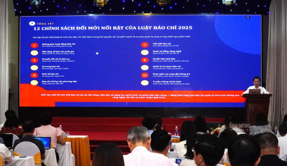 12 chính sách đổi mới nổi bật của Luật Báo chí 2025 được trình bày tại hội nghị. Ảnh: Minh Vũ