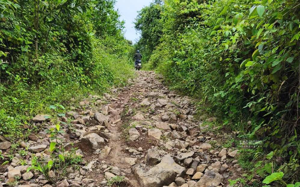 Con đường chi chít sỏi đá, gập ghềnh, gây nhiều khó khăn cho việc đi lại. Ảnh: Đông Giang