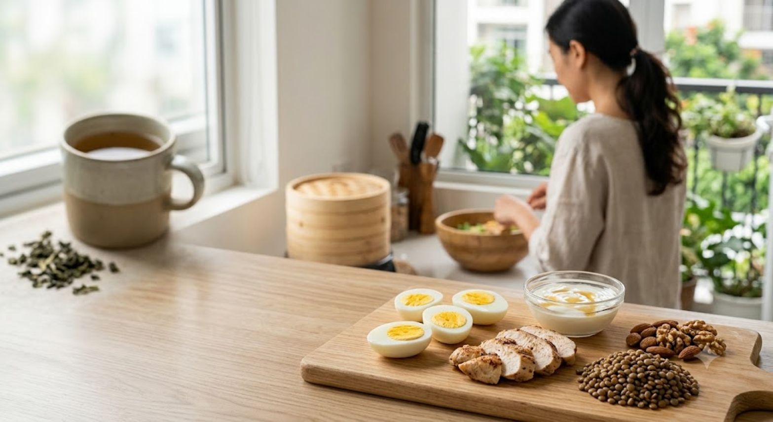 High-quality protein-rich foods such as boiled eggs, chicken breast... help easily supplement nutrition for the new day. Photo created by AI