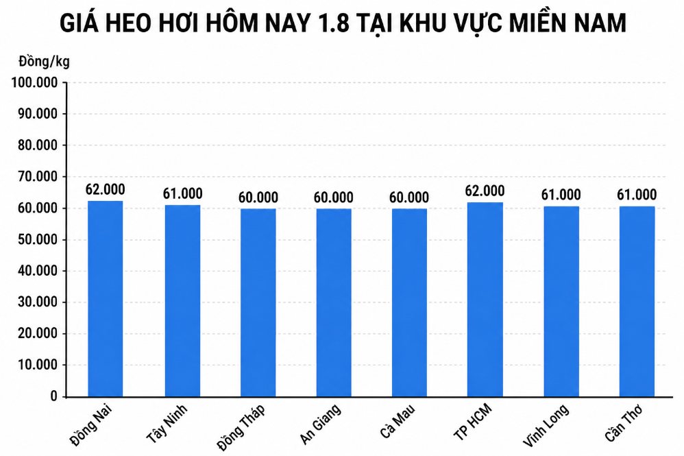 Giá heo hơi hôm nay 1.8 tại khu vực miền Nam. Đồ họa sử dụng AI