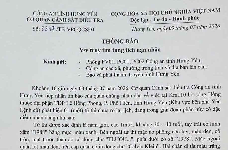 Công an tỉnh Hưng Yên đang truy tìm tung tích và thân nhân của nam tử thi chưa rõ danh tính. Ảnh chụp văn bản